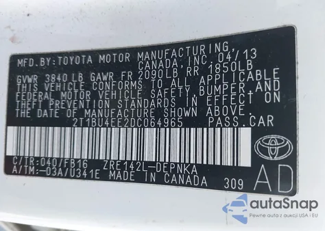 2013 Toyota Corolla Le from USA, damaged, VIN 2T1BU4EE2DC064965